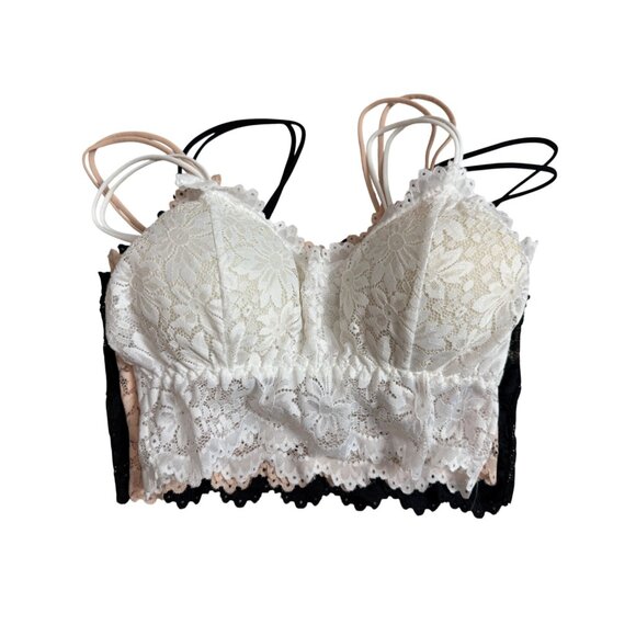 Lace Bralette Set Of 3 White Peach & Black Colors Floral Design Women One Size - Picture 7 of 16